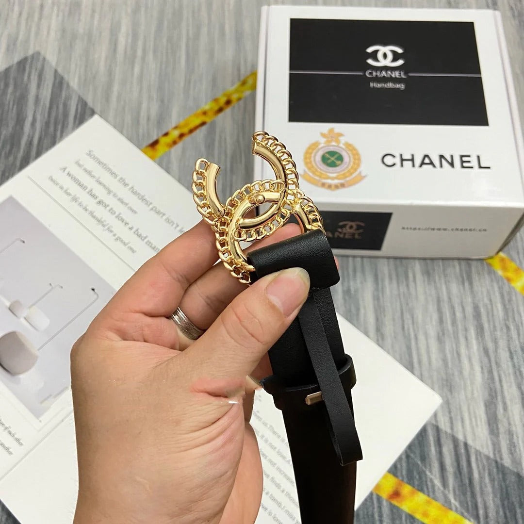 CC Women's Belt 3.0CM Black Cowhide Gold Diamond Buckle 586509