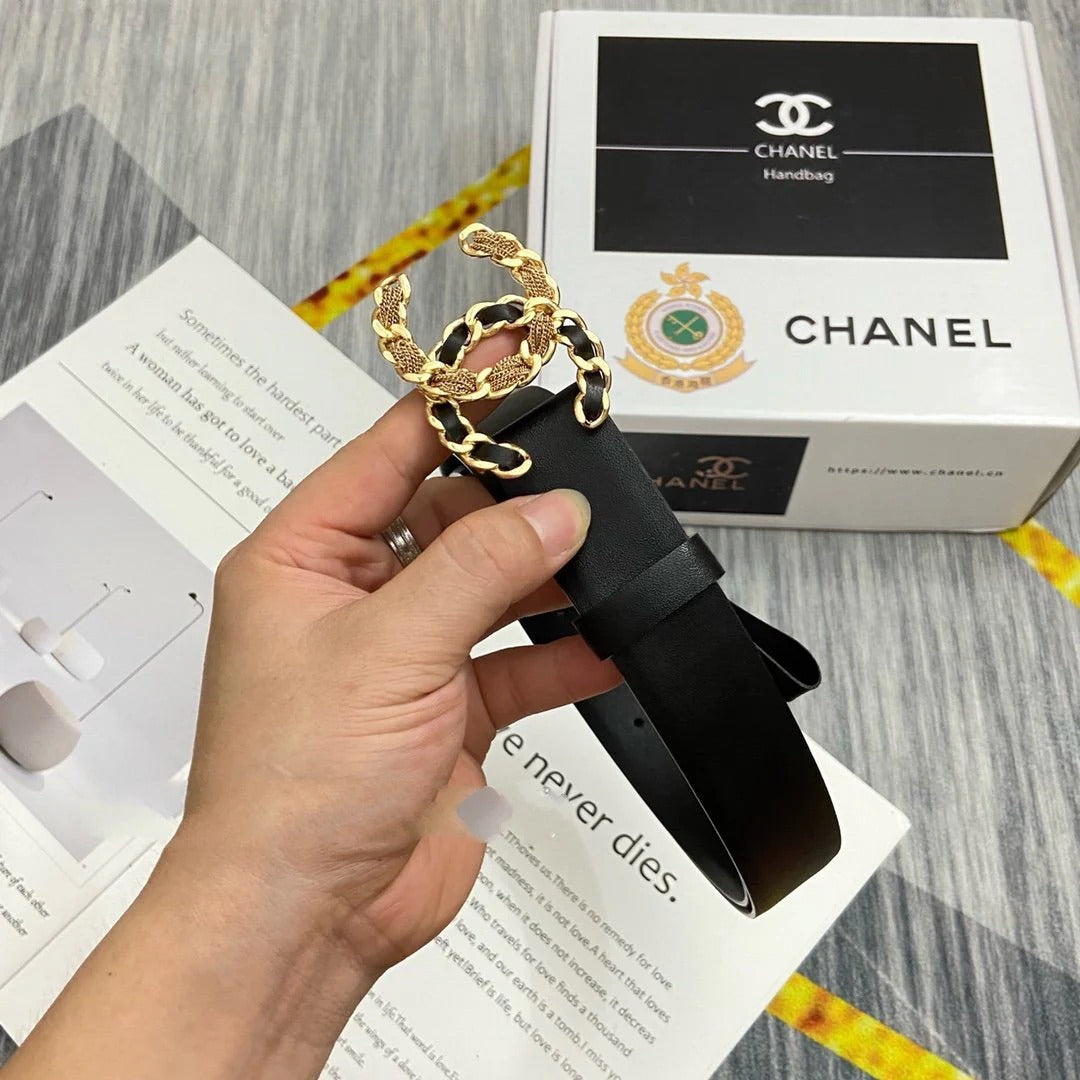 CC Women's Belt 3.0CM Black Cowhide Black Gold Buckle 586511