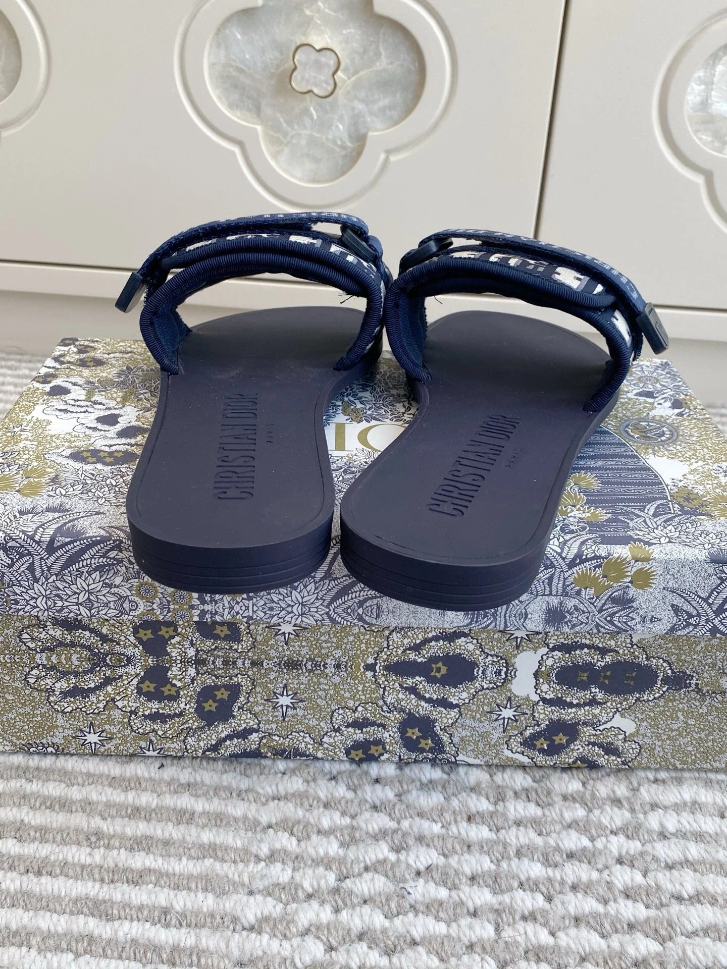 CD 26s Flat Slippers Navy Blue Monogram Canvas Rubber 648133