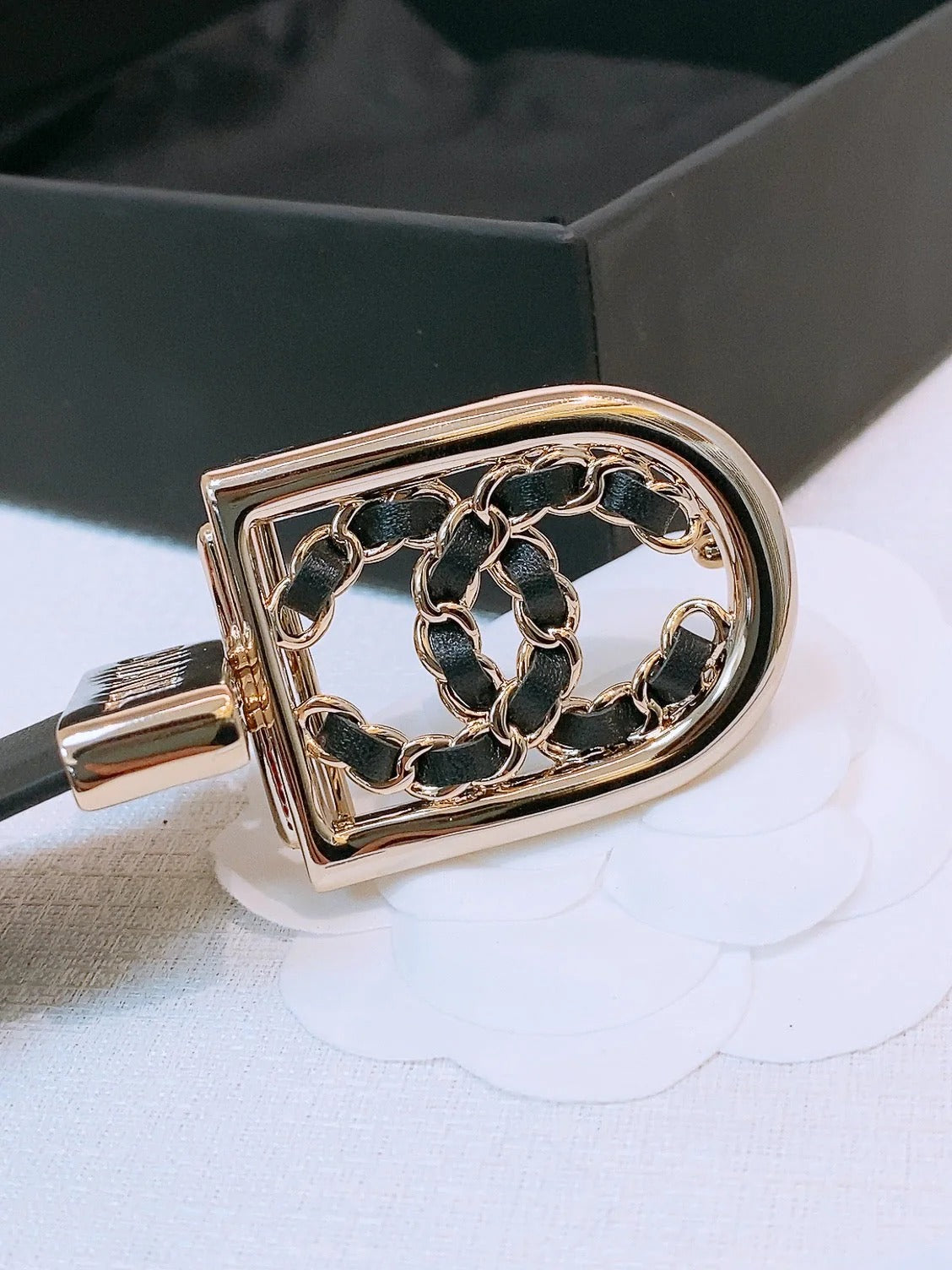 CC Women's Belt 3.0CM Black Calfskin Gold Black Buckle 572533