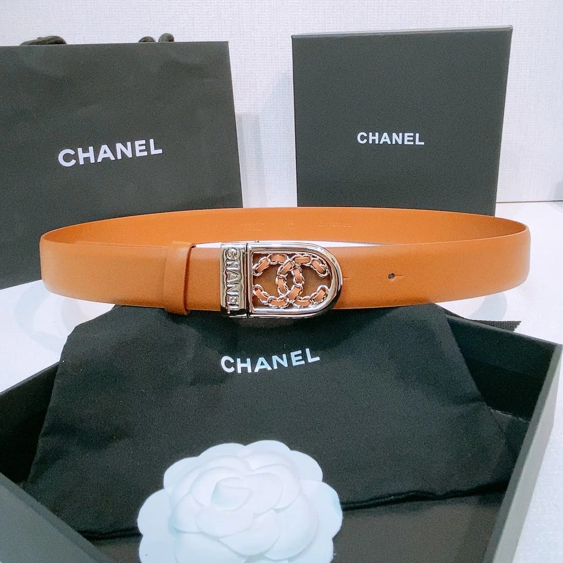 CC Women's Belt 3.0CM Tan Calfskin Sliver Black Buckle 572531