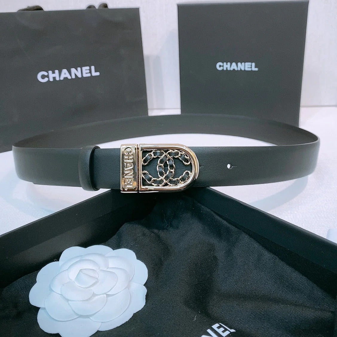 CC Women's Belt 3.0CM Black Calfskin Gold Black Buckle 572533