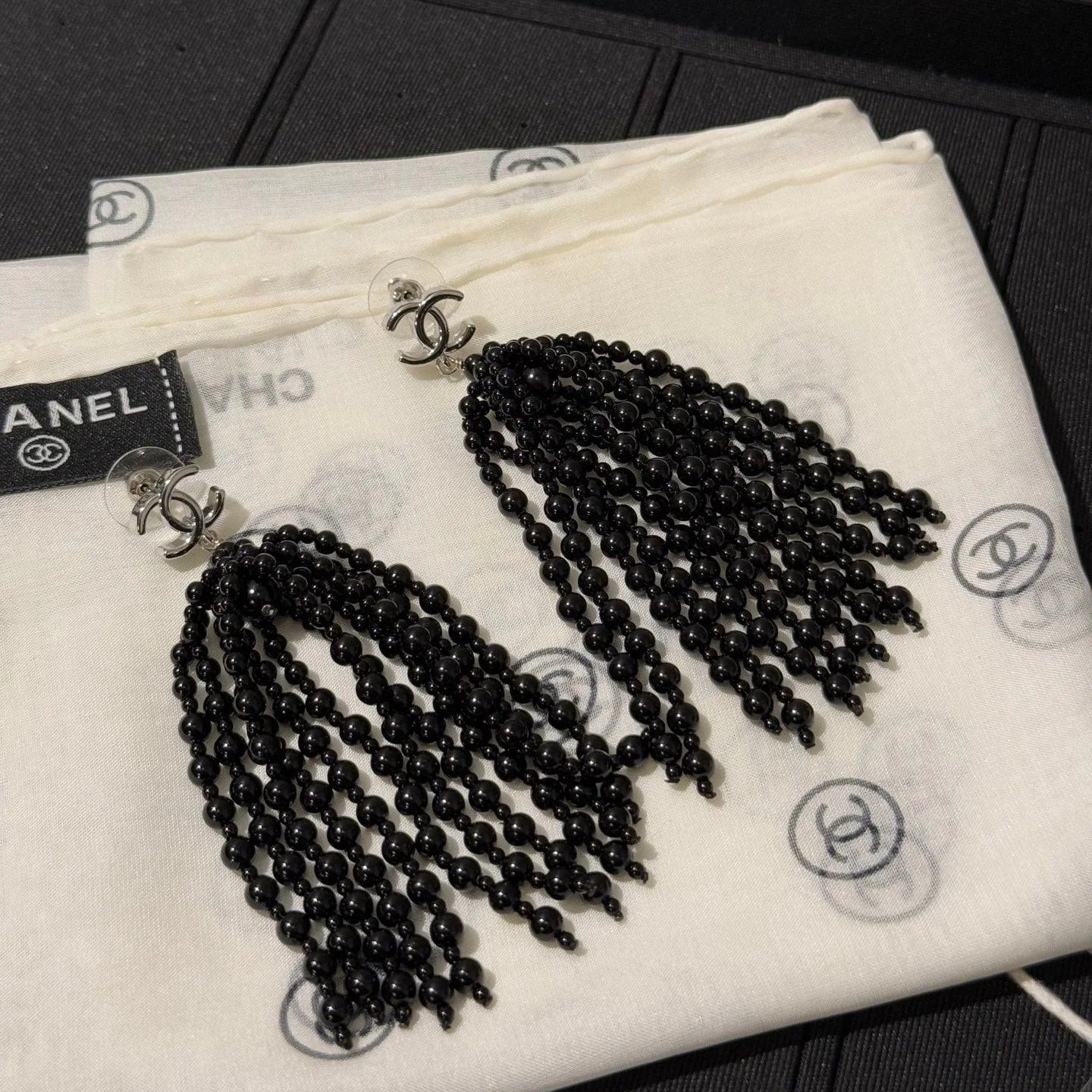 Chanel 2026 Black Beaded Tassel Earrings with Gold Double C Long Earrings