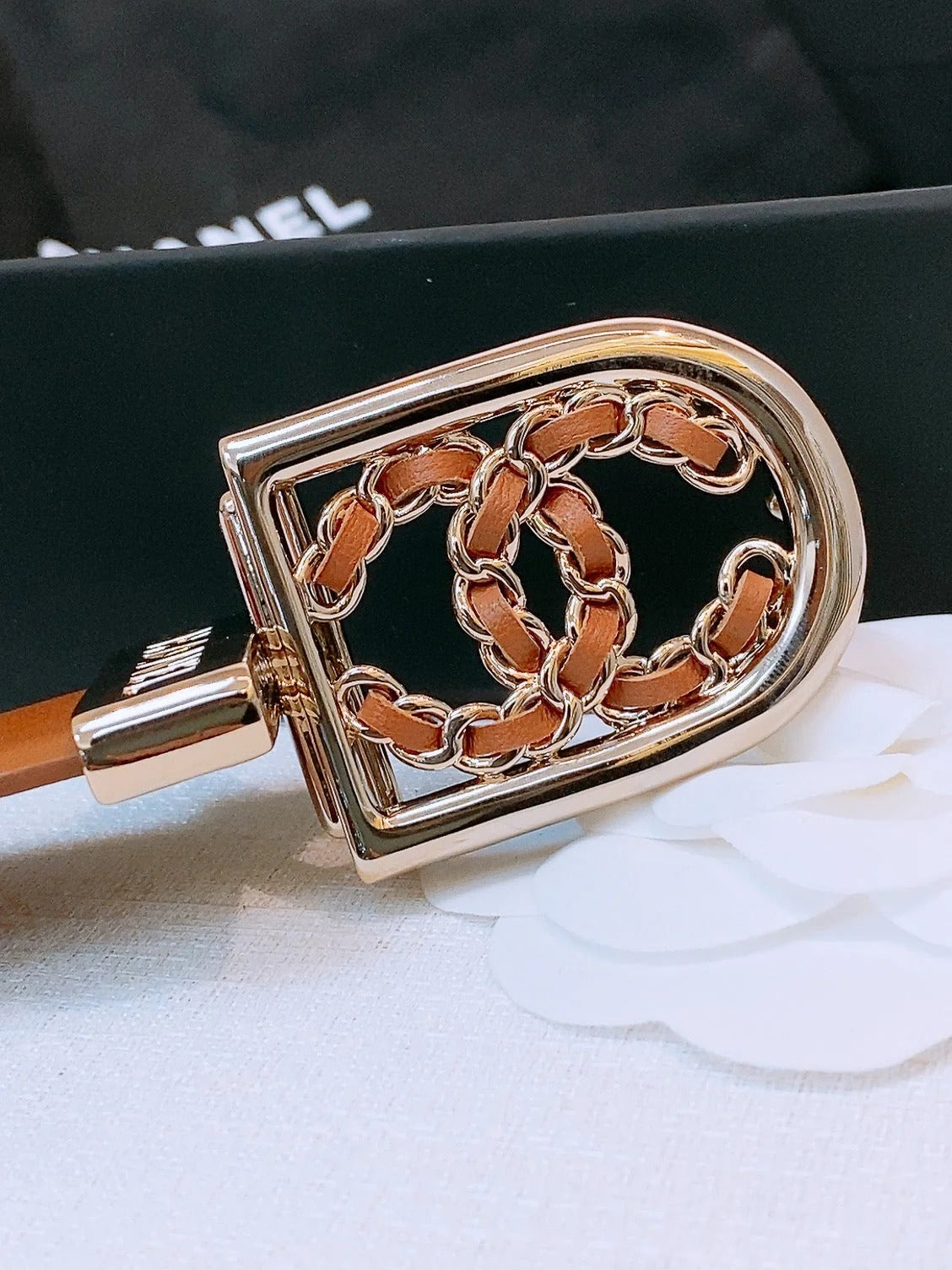 CC Women's Belt 3.0CM Tan Calfskin Sliver Black Buckle 572531