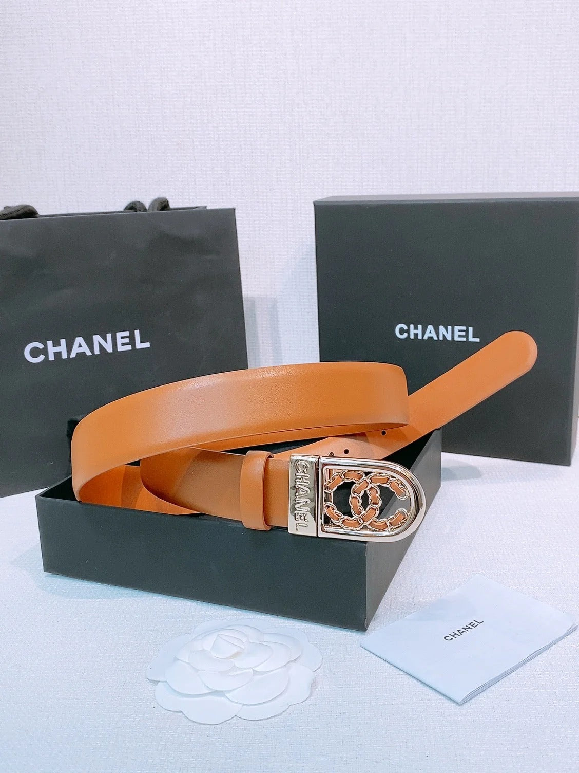 CC Women's Belt 3.0CM Tan Calfskin Sliver Black Buckle 572531