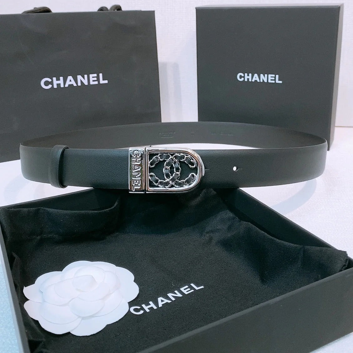 CC Women's Belt 3.0CM Black Calfskin Sliver Black Buckle 572532