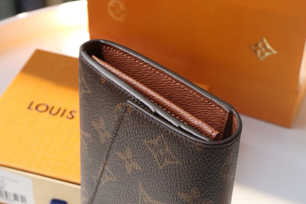 LV 2025 Sarah Folding Long Wallet Brown Canvas Leather