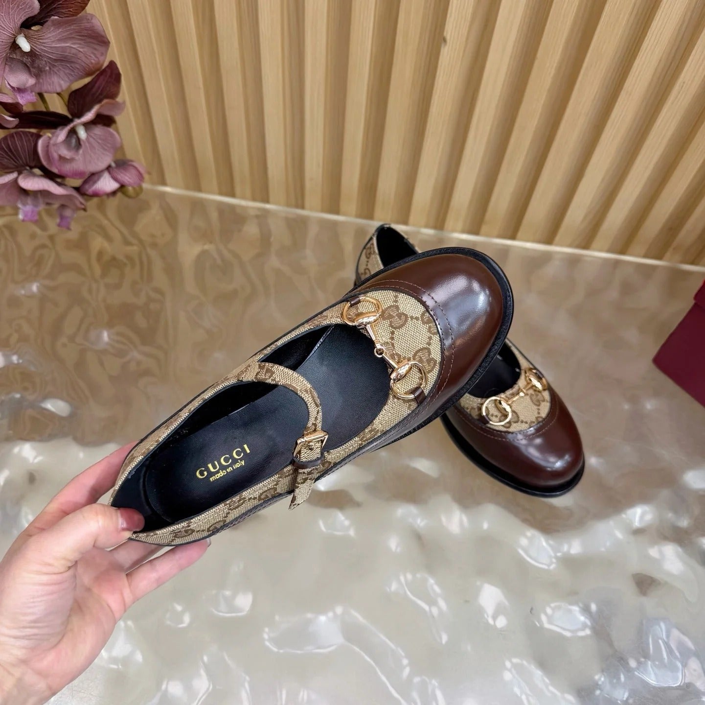 GG 26 Slip-on Brown Beige Sheepskin Double G Denim 589460