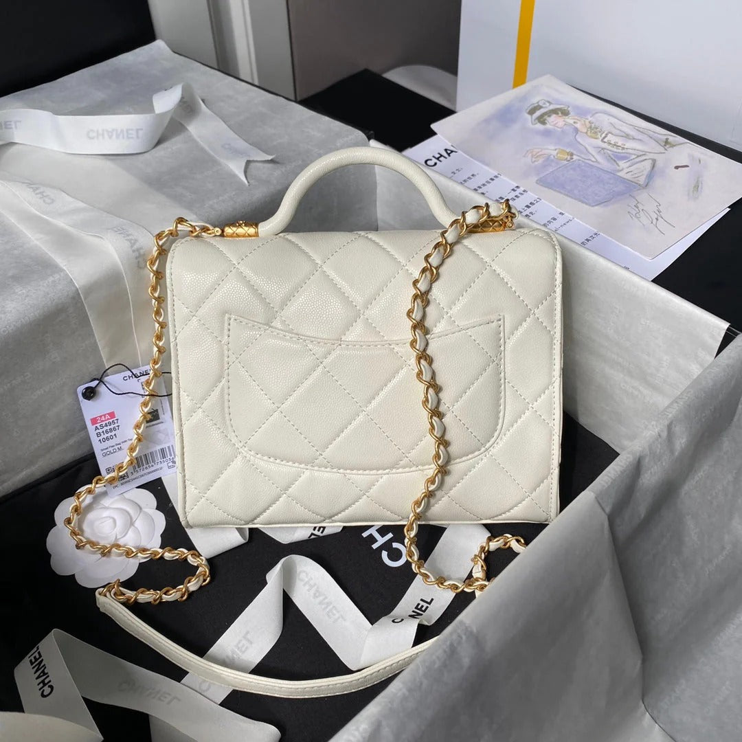 CC 25S FLAP BAG 21 CM IN CREAM WHITE GRAINED LAMBSKIN WITH TOP HANDLE
