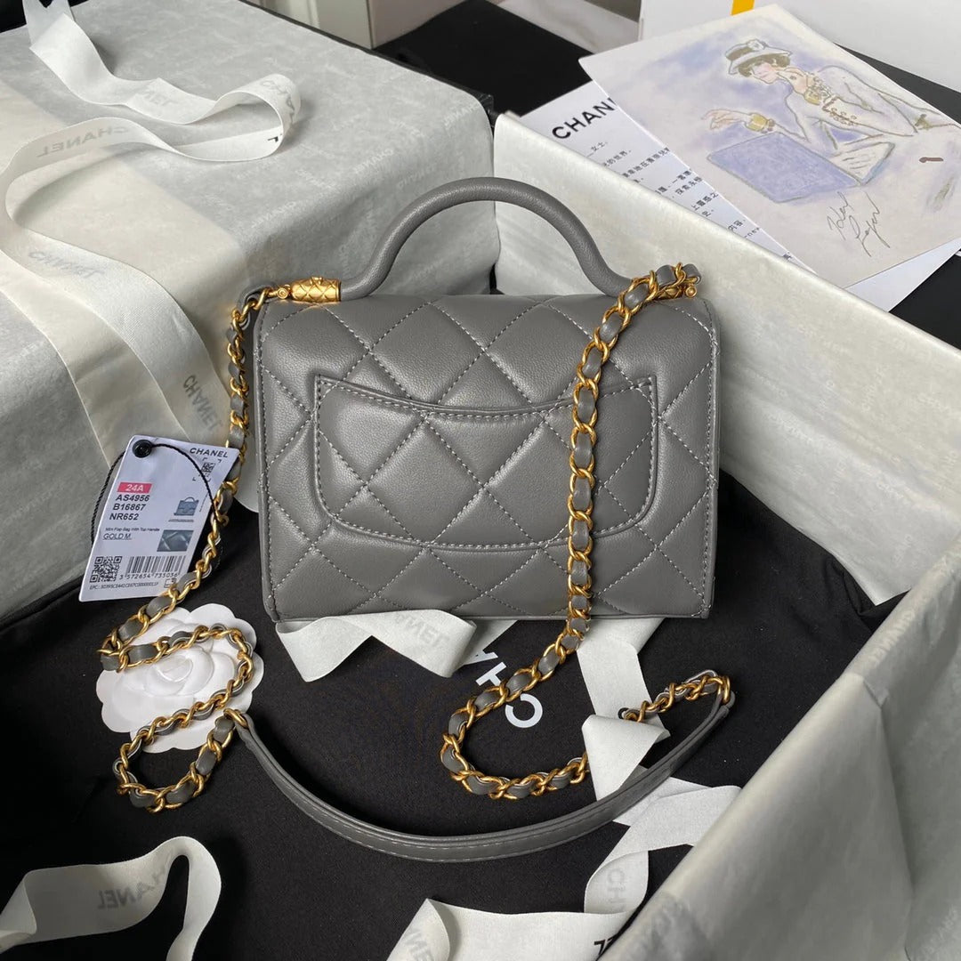 CC 25S FLAP BAG 18 CM IN DARK GREY LAMBSKIN WITH TOP HANDLE