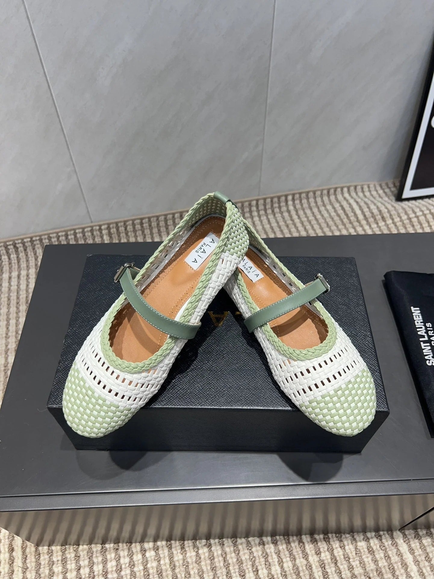 Alaia Mary Jane Flats Woven Pattern 25s In White Mix Pastel Green Calfskin