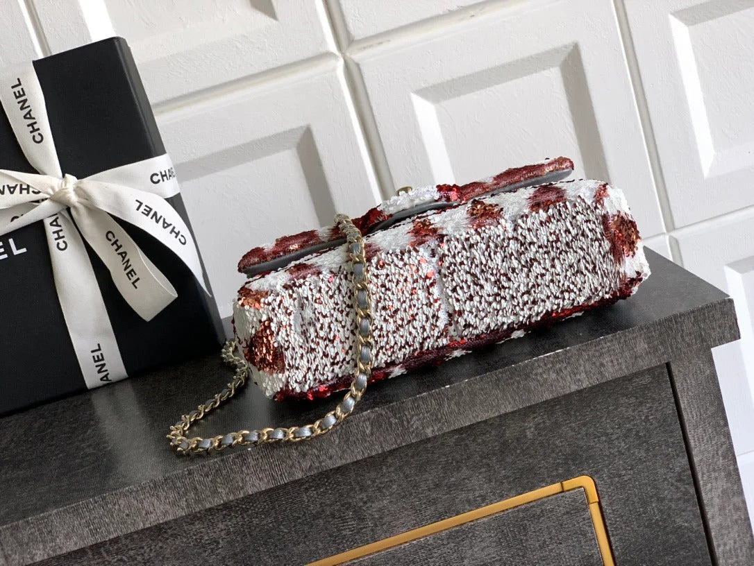 Chanel 2026 Flap Bag 20cm Red mix White Sequin Leather