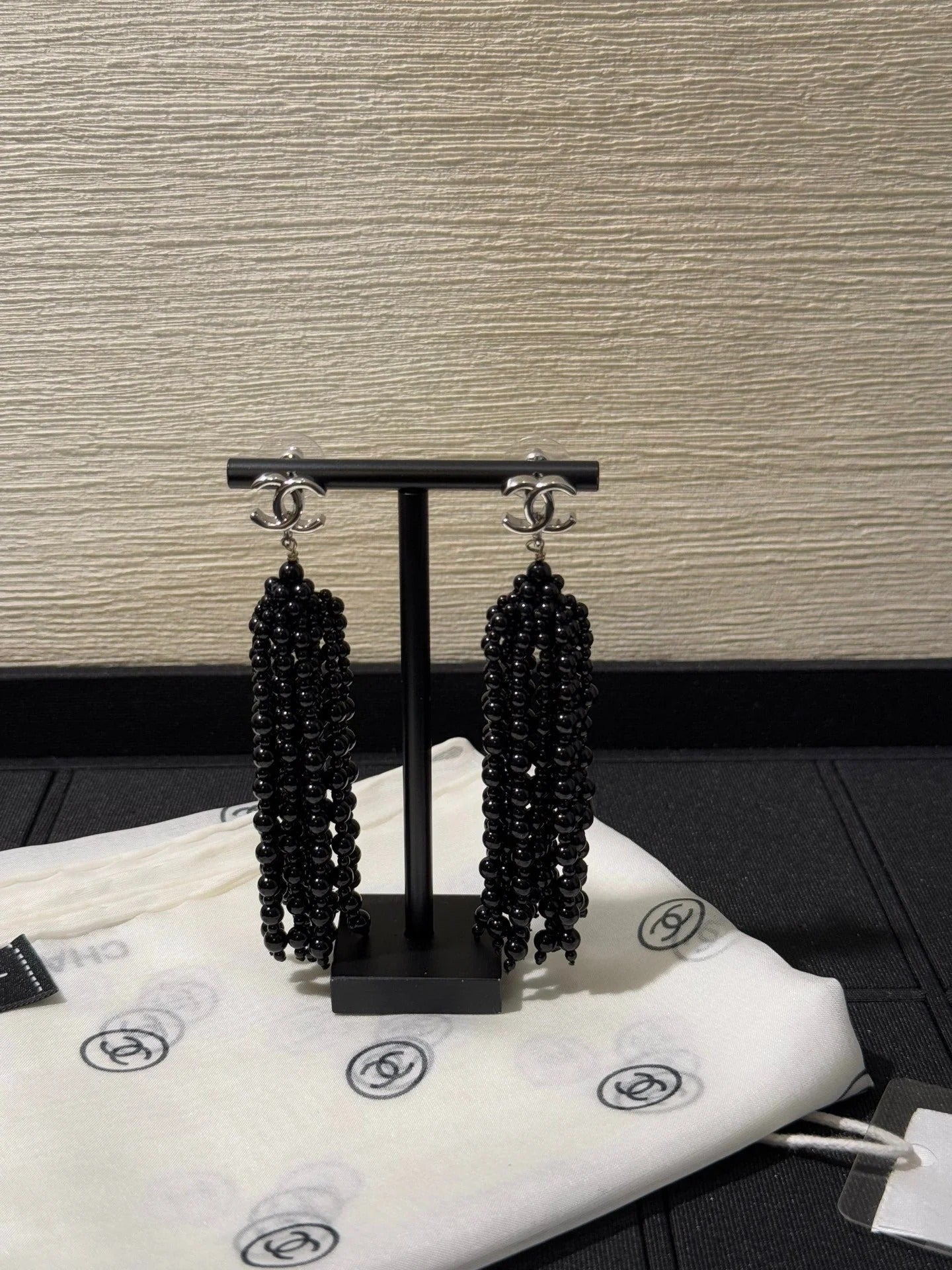 Chanel 2026 Black Beaded Tassel Earrings with Gold Double C Long Earrings