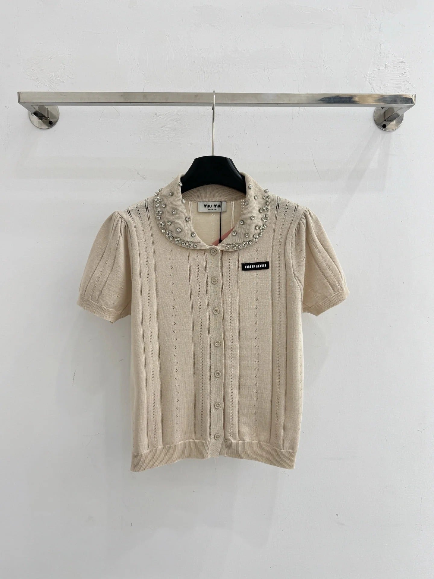 Miumiu 2026 Shirt With Rhinestone Embellishments Collar Wool 521193