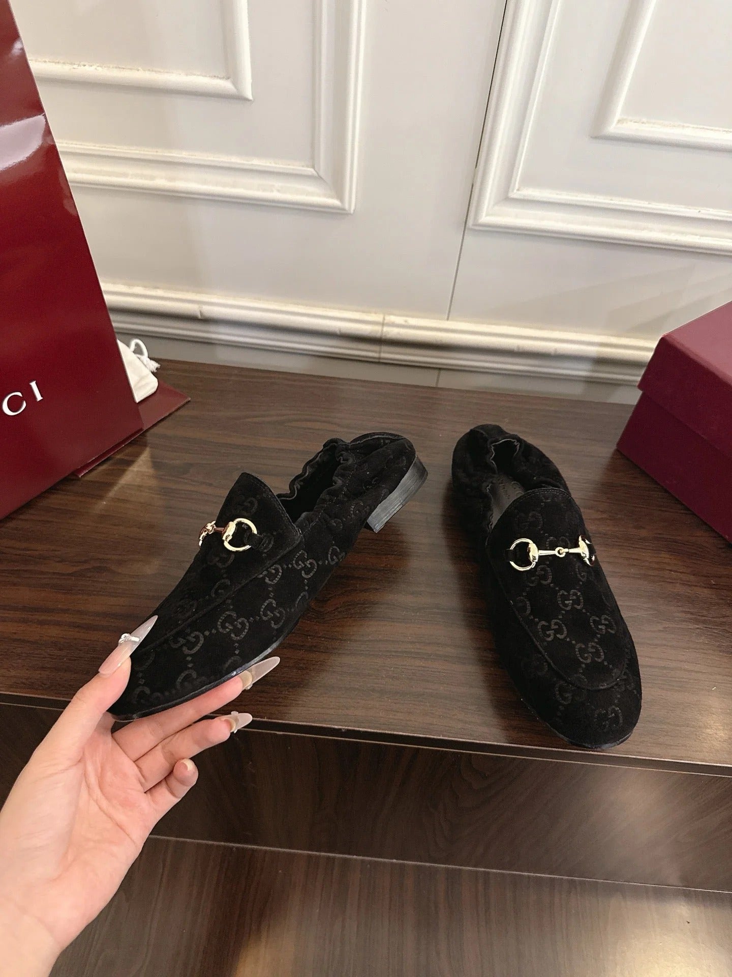 GG 26SS Loafers Black Monogram Suede Leather 645958