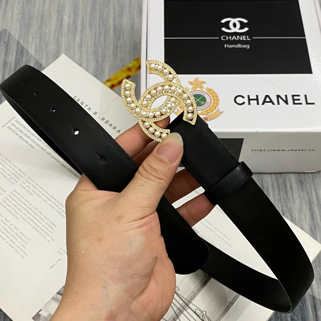 CC Women's Belt 3.0CM Black Cowhide Gold Pearl Buckle 586521