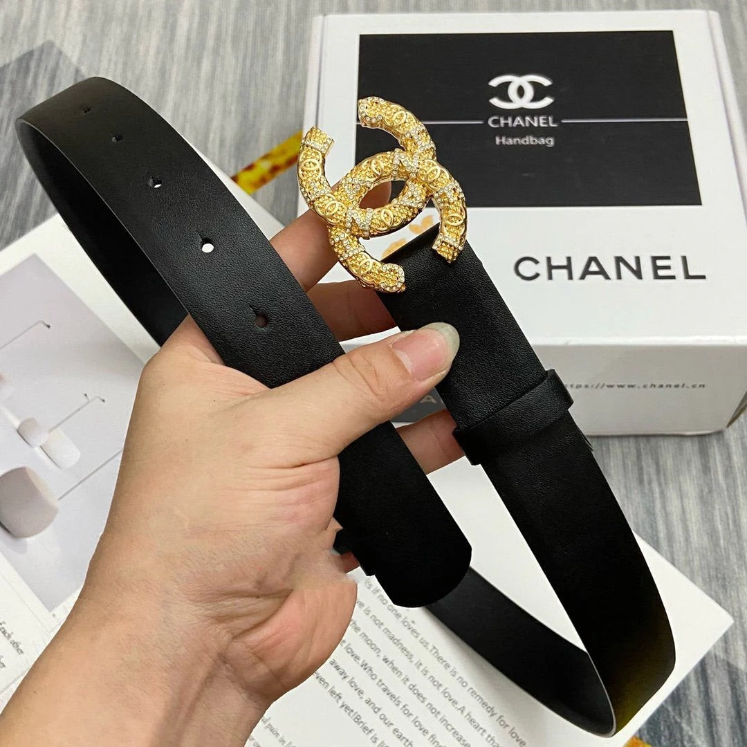 CC Women's Belt 3.0CM Black Cowhide Gold Buckle 586522