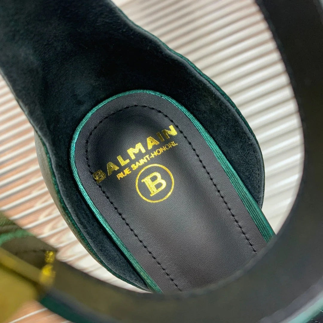 BALMAIN 25S METAL BUCKLE HIGH HEELS 95MM IN TEAL GREEN CALFSKIN