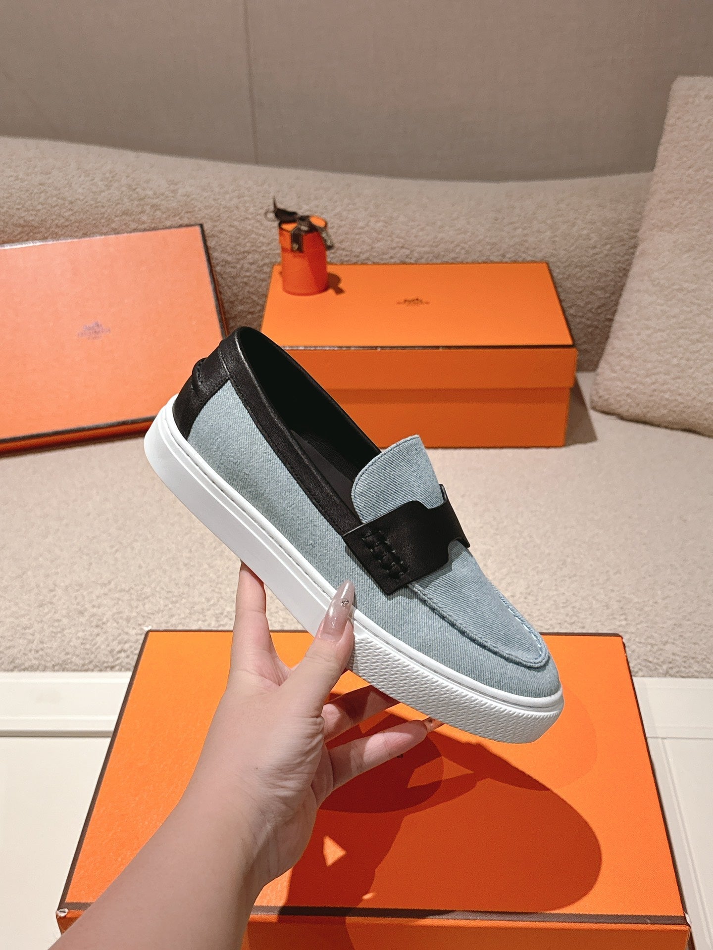 HM 25ss Platform Loafers Light Blue Black Denim Sheepskin 577168