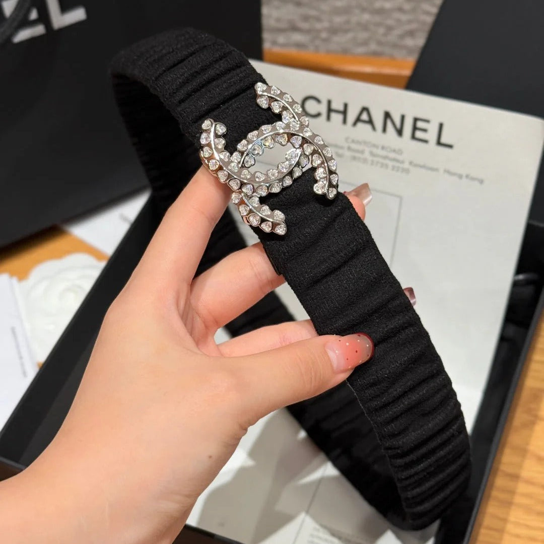 CC Elastic Waist Belt 3.0CM Black Canvas Sliver Diamond Buckle 195954