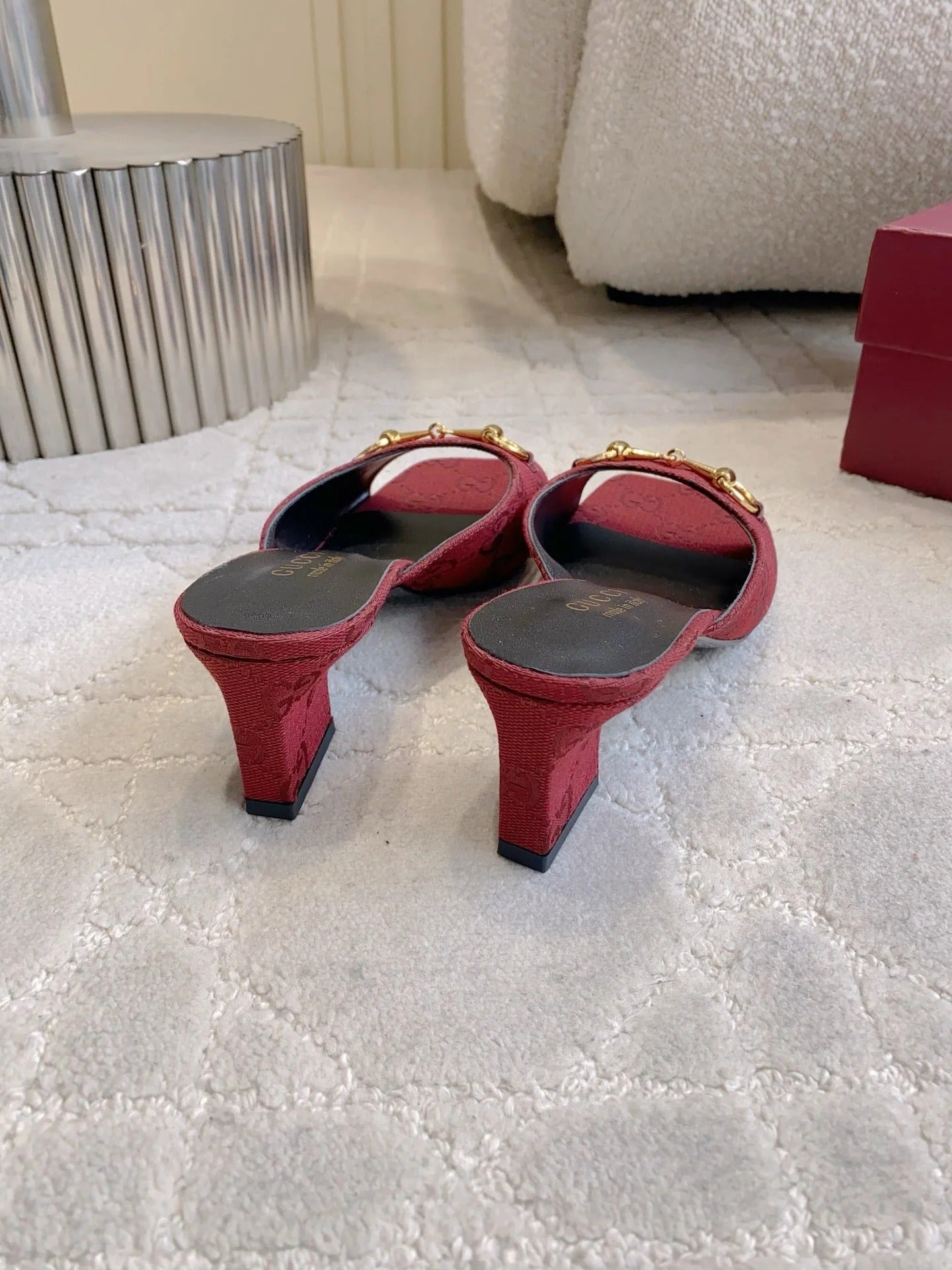 GG 26SS High-Heeled Sandals Dark Red Canvas Leather 644532