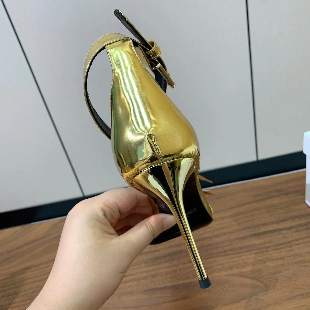 BALMAIN 25S RUBY GOLD HEELED SANDALS 95MM IN PATENT CALFSKIN