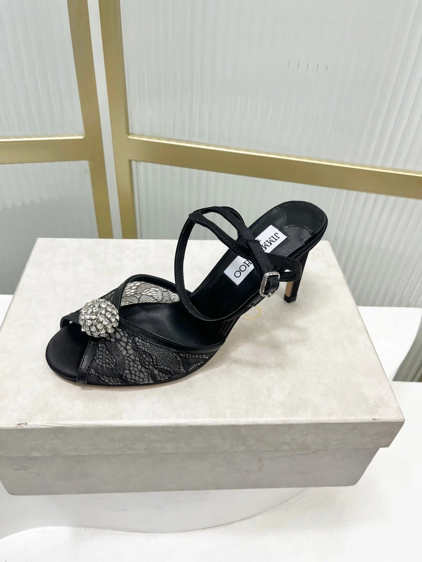 Jimmy 26s Peep-Toe High Heels 85 Black Lace Sheepskin 605973