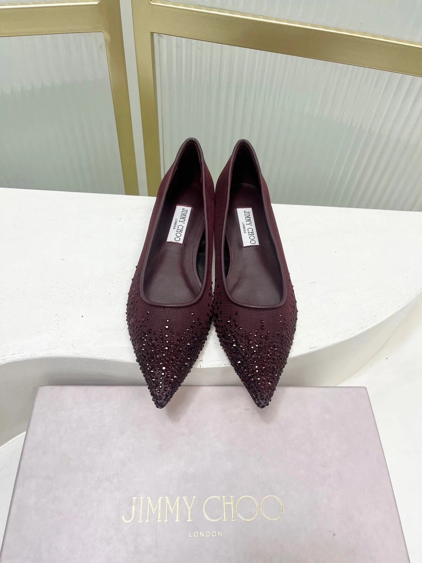 Jimmy 26s Ballet Flats Burgundy Rhinestones Mesh Sheepskin 605980