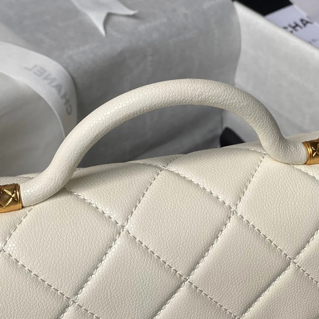 CC 25S FLAP BAG 21 CM IN CREAM WHITE GRAINED LAMBSKIN WITH TOP HANDLE