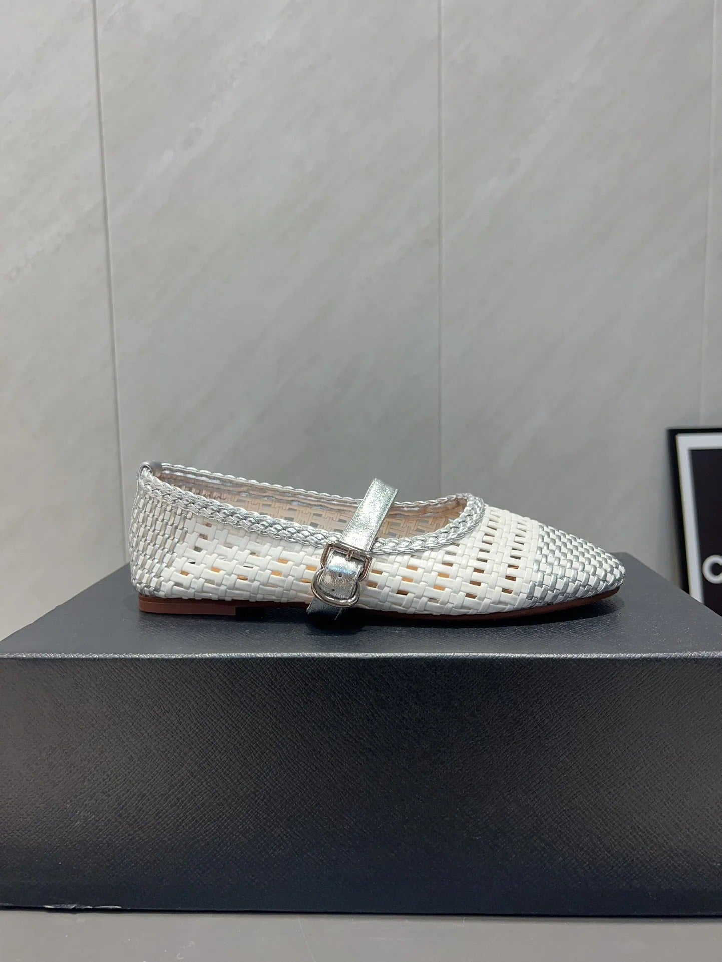 Alaia Mary Jane Flats Woven Pattern 25s In White Mix Grey Calfskin