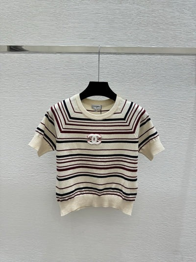 Chanel 2026 Short-sleeve Sweater Cream and Navy Blue Wool Polyester
