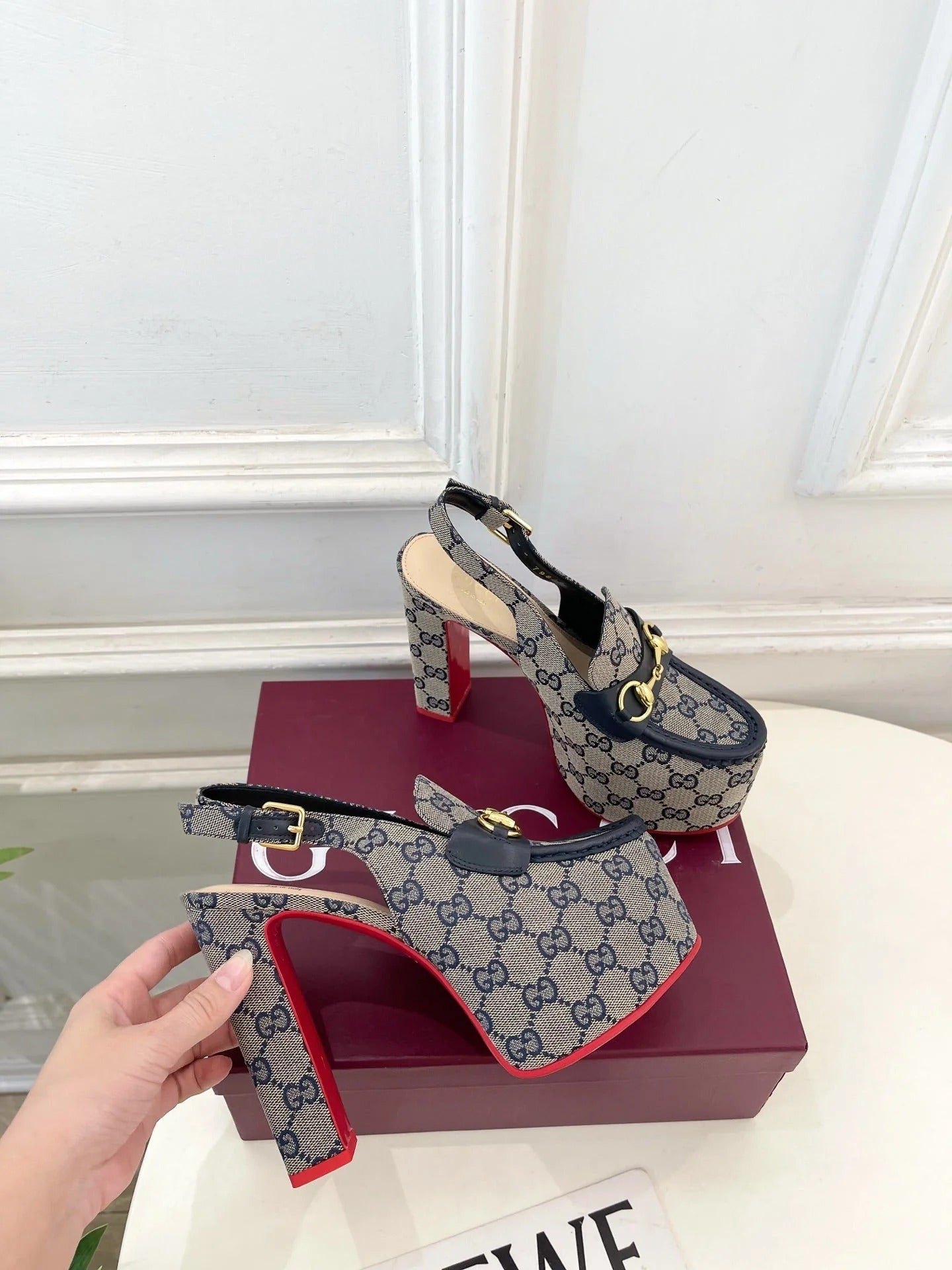 GG 26SS Platform Sandals 130 Gray Blue Monogram Fabric Sheepskin 640266