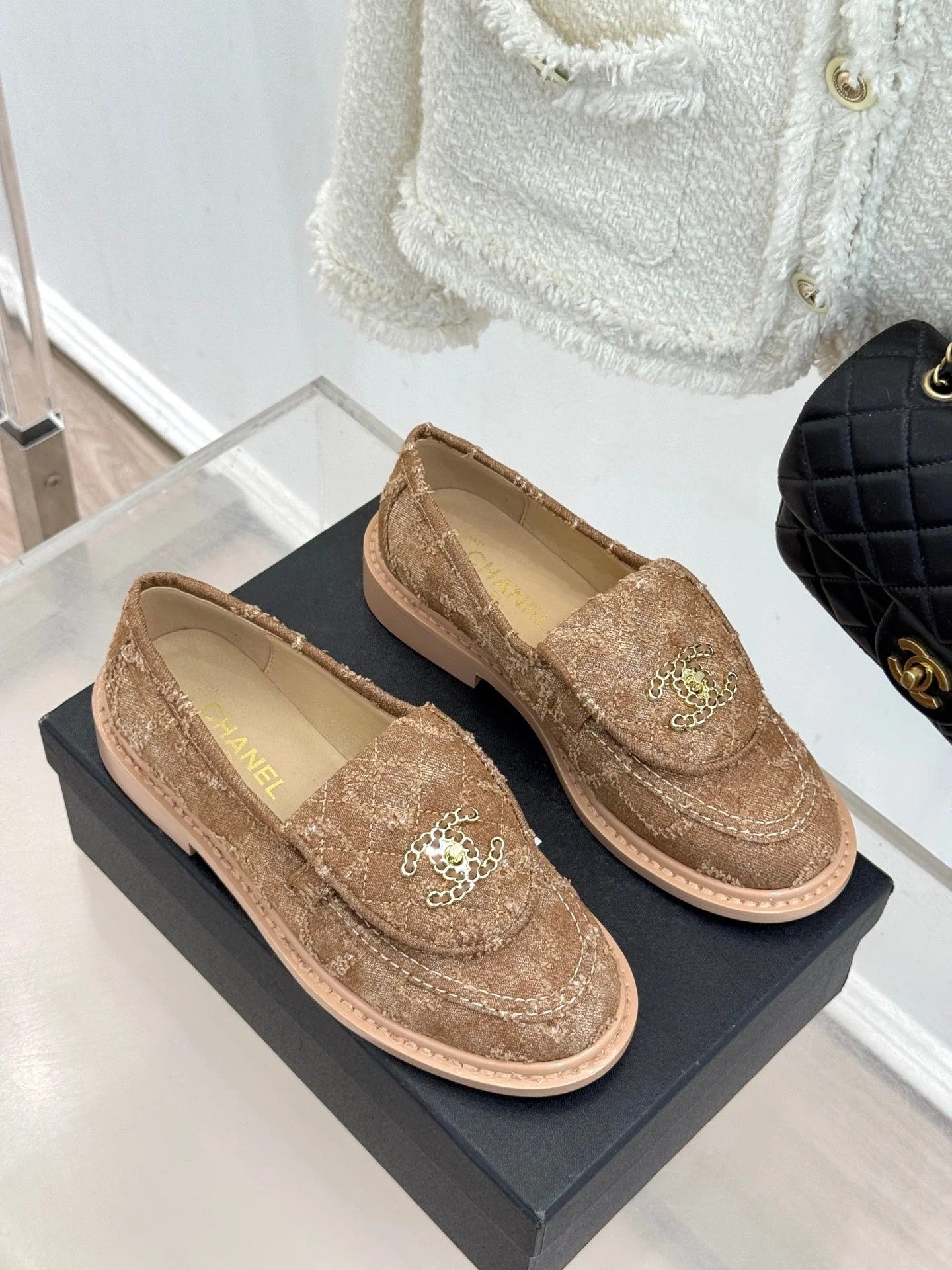 Chanel 2026 Double C High-Heeled Loafers Tweed Sheepskin 826098