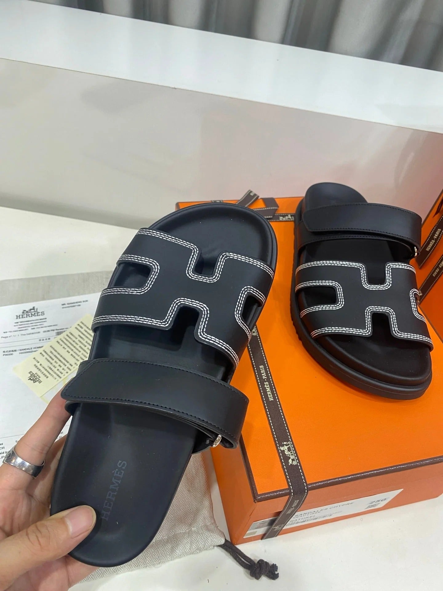 Hermes 2026 Chypre Sandal Black Mix White Stitched Calfskin 957546