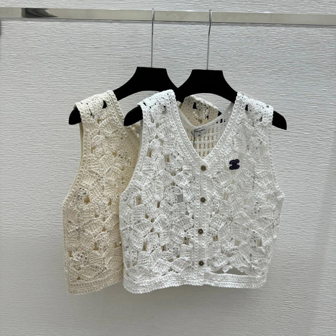 Chanel 2026 Hollow-out V-neck Knitted Vest Cardigan White Khaki Cotton
