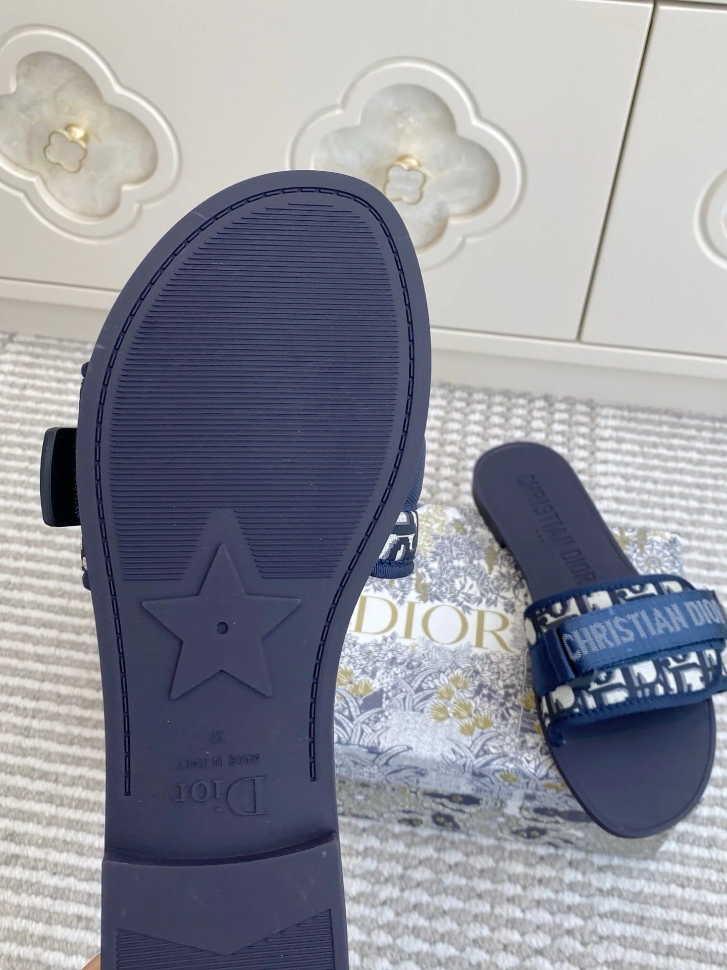 CD 26s Flat Slippers Navy Blue Monogram Canvas Rubber 648133