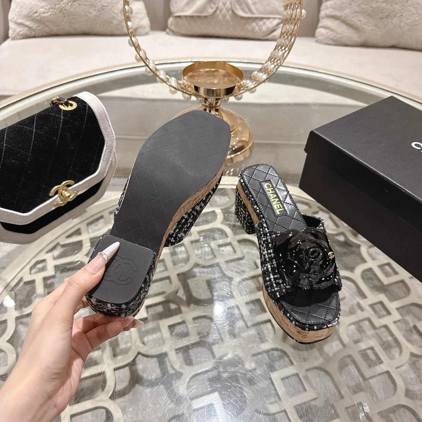 CC 26s Camellia Platform Slippers 65 Black White Tweed Leather 627055