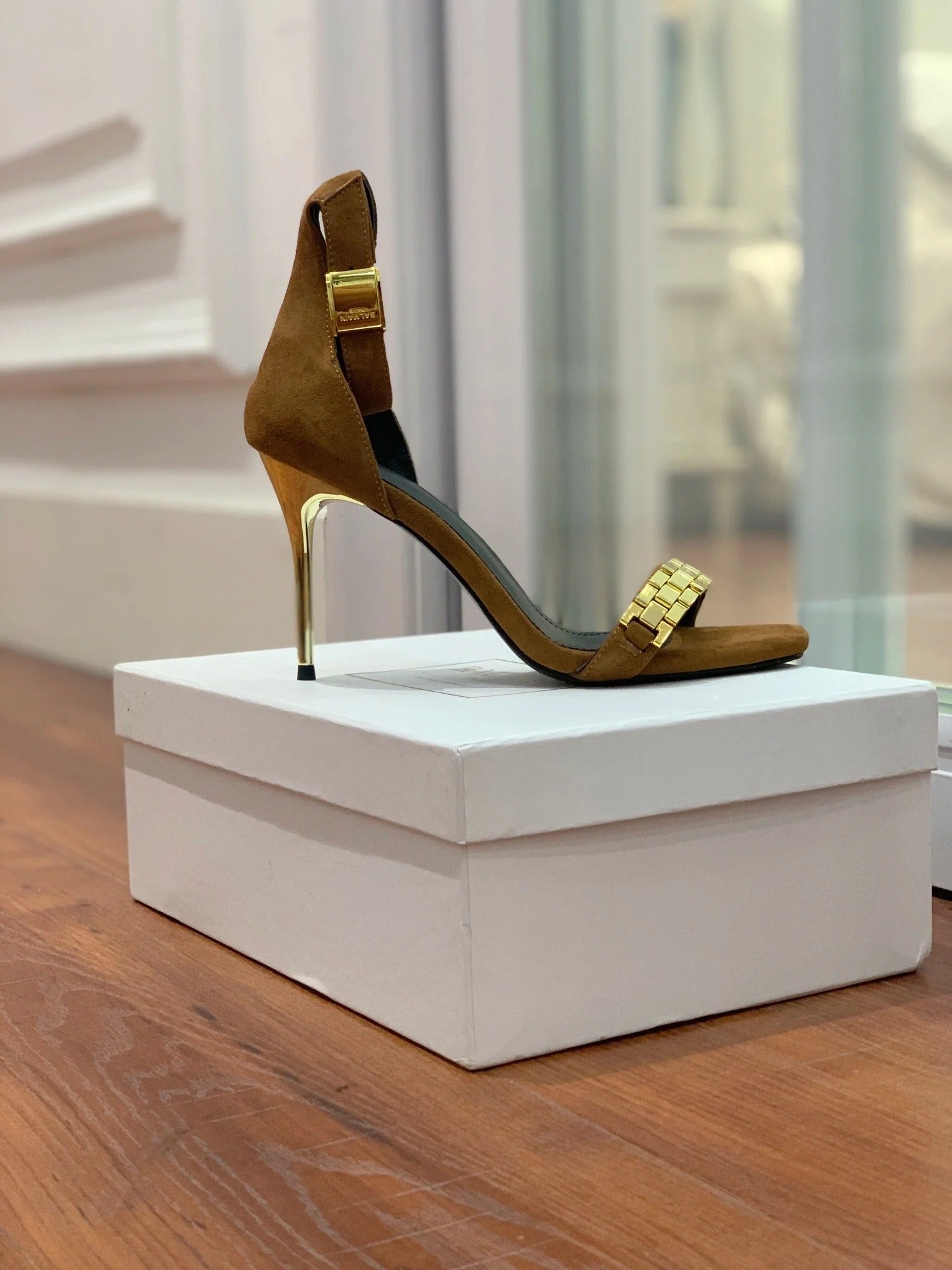 BALMAIN 25S METAL STRAP HIGH HEELS 95MM IN BROWN SUEDE GOLD HARDWARE