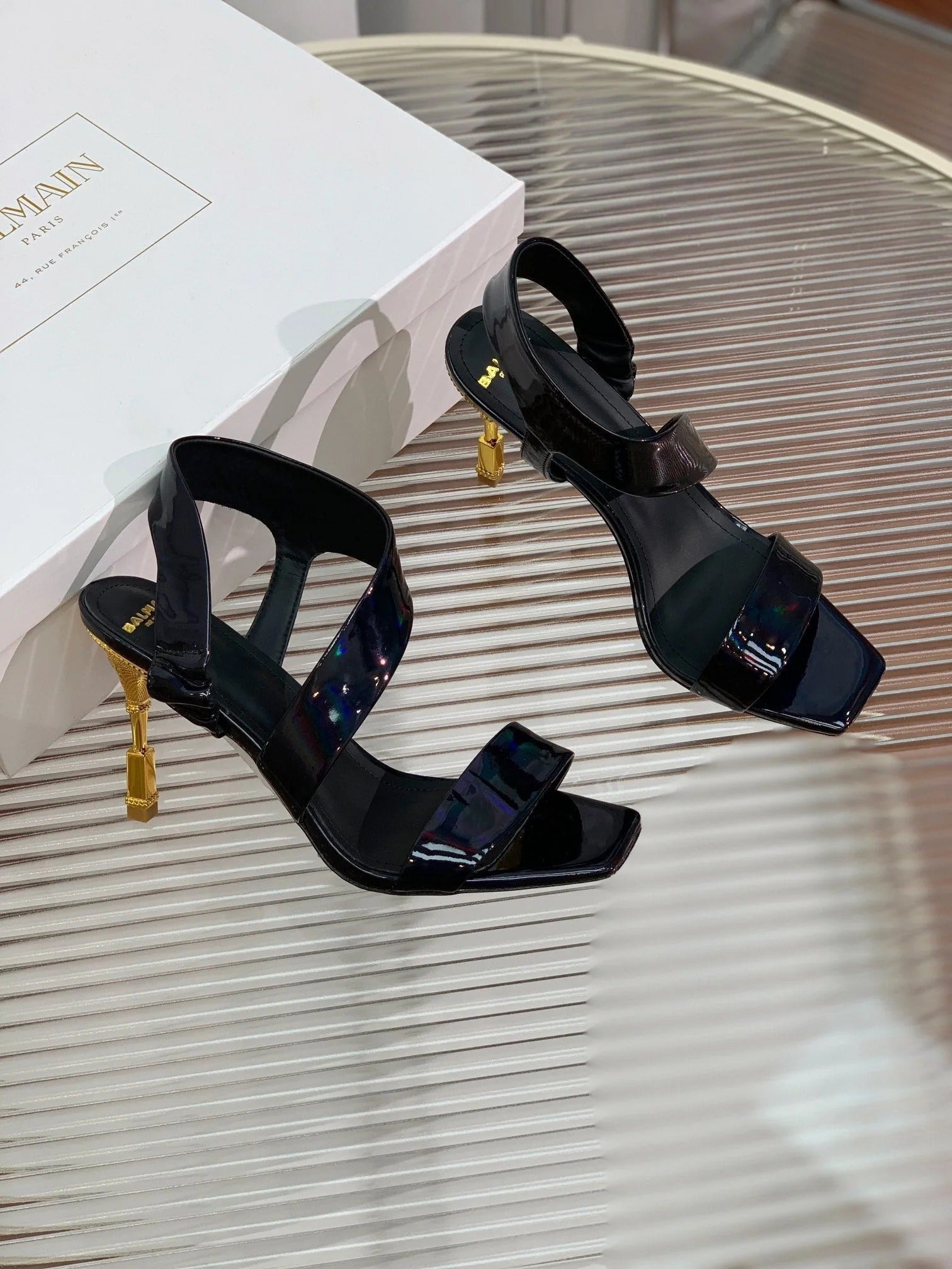 BALMAIN 25S HIGH HEEL SANDALS 95MM IN BLACK GLOSSY CALFSKIN