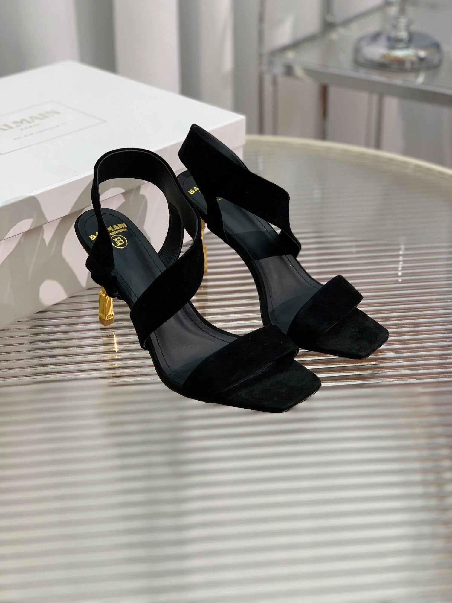 BALMAIN 25S HIGH HEEL SANDALS 95MM IN BLACK SUEDE