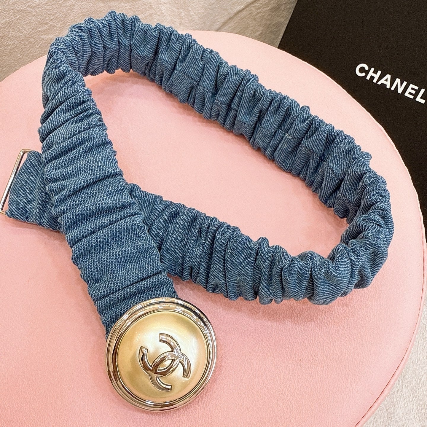 CC Elastic Waist Belt 3.0CM Blue Denim Gold Buckle 196835