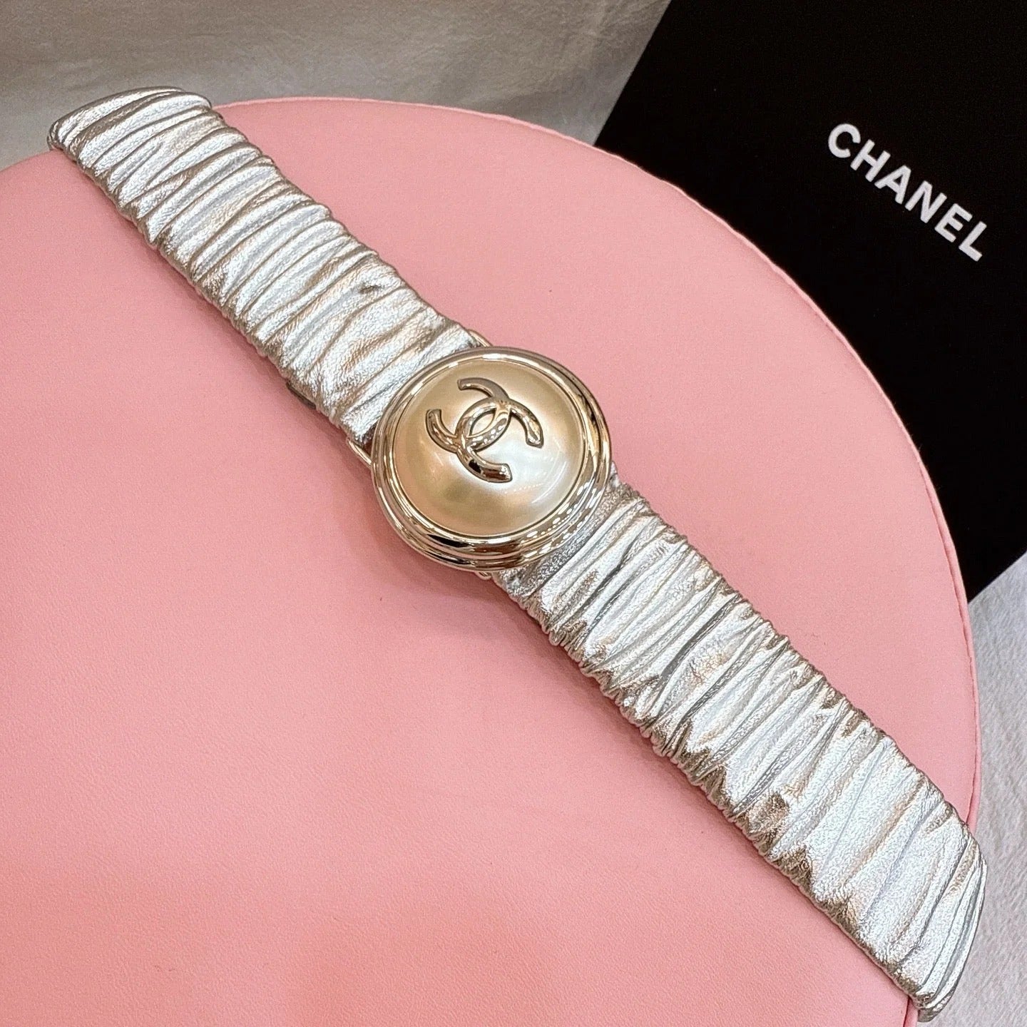 CC Elastic Waist Belt 3.0CM Sliver Metallic Calfskin Gold Buckle 196842