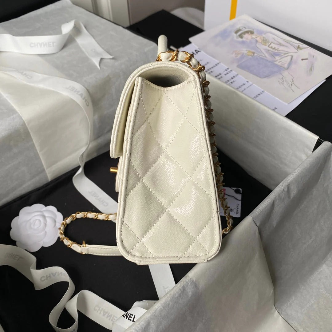 CC 25S FLAP BAG 21 CM IN CREAM WHITE GRAINED LAMBSKIN WITH TOP HANDLE