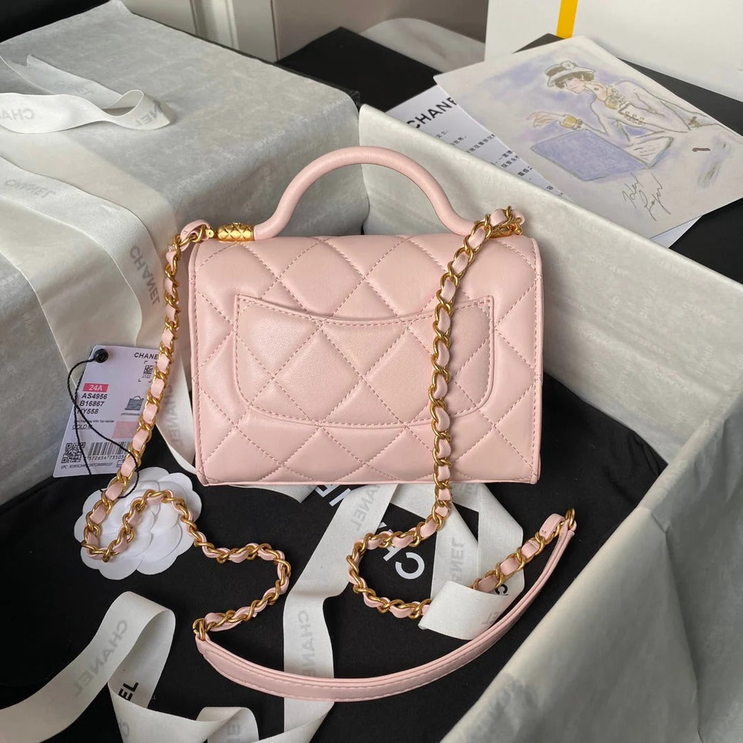 CC 25S FLAP BAG 18 CM IN LIGHT PINK LAMBSKIN WITH TOP HANDLE