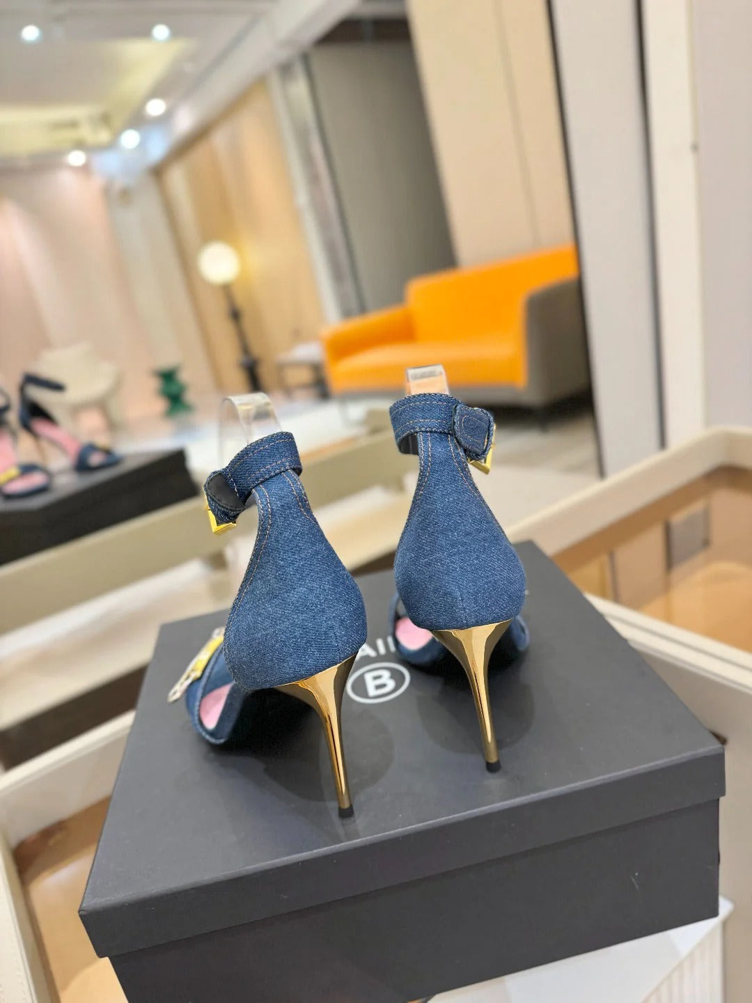 BALMAIN 25S HIGH HEELS 95MM IN BLUE DENIM