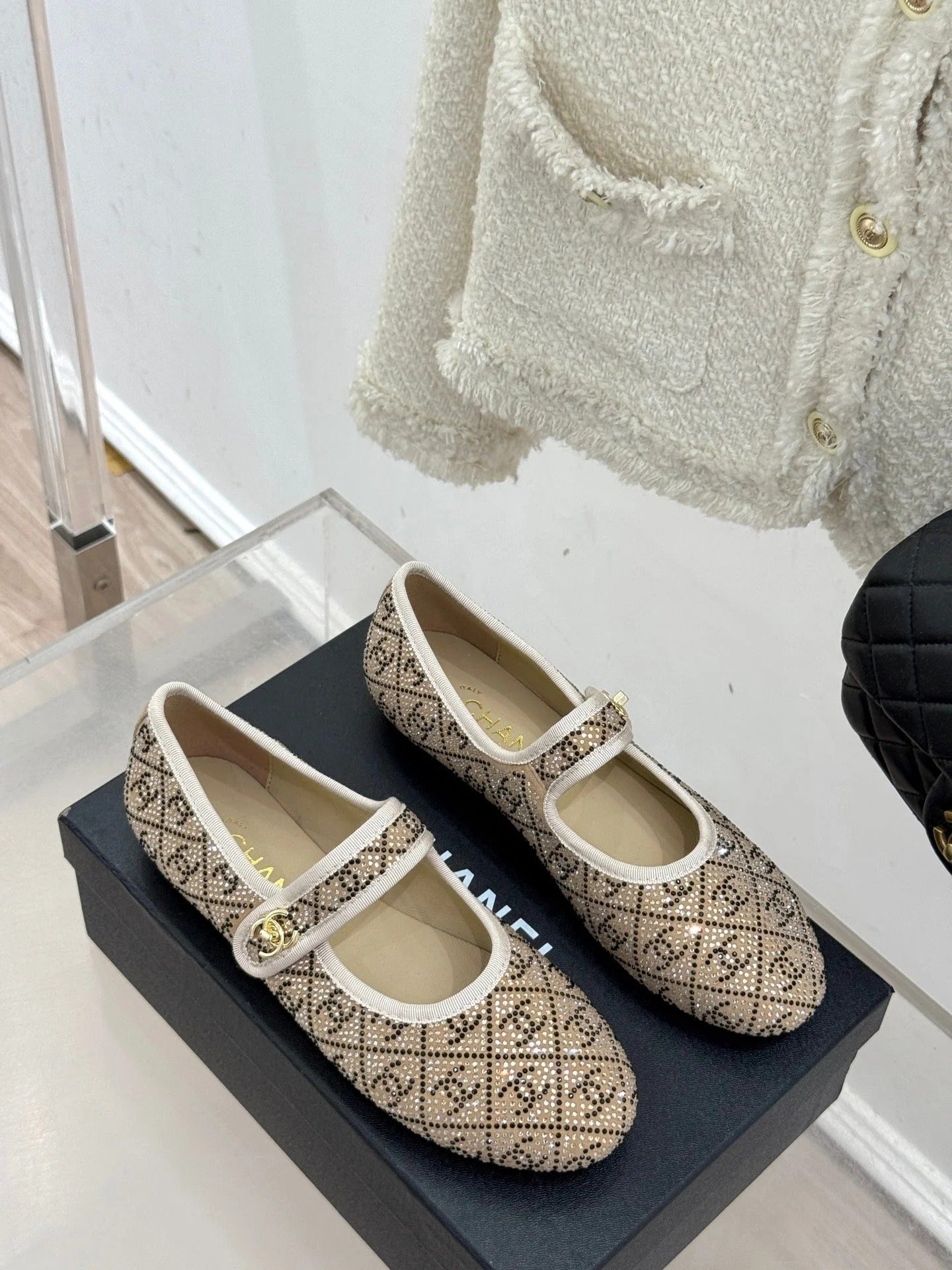 CC Flat Mary Jane 25ss In Beige Embellished With Rhinestones
