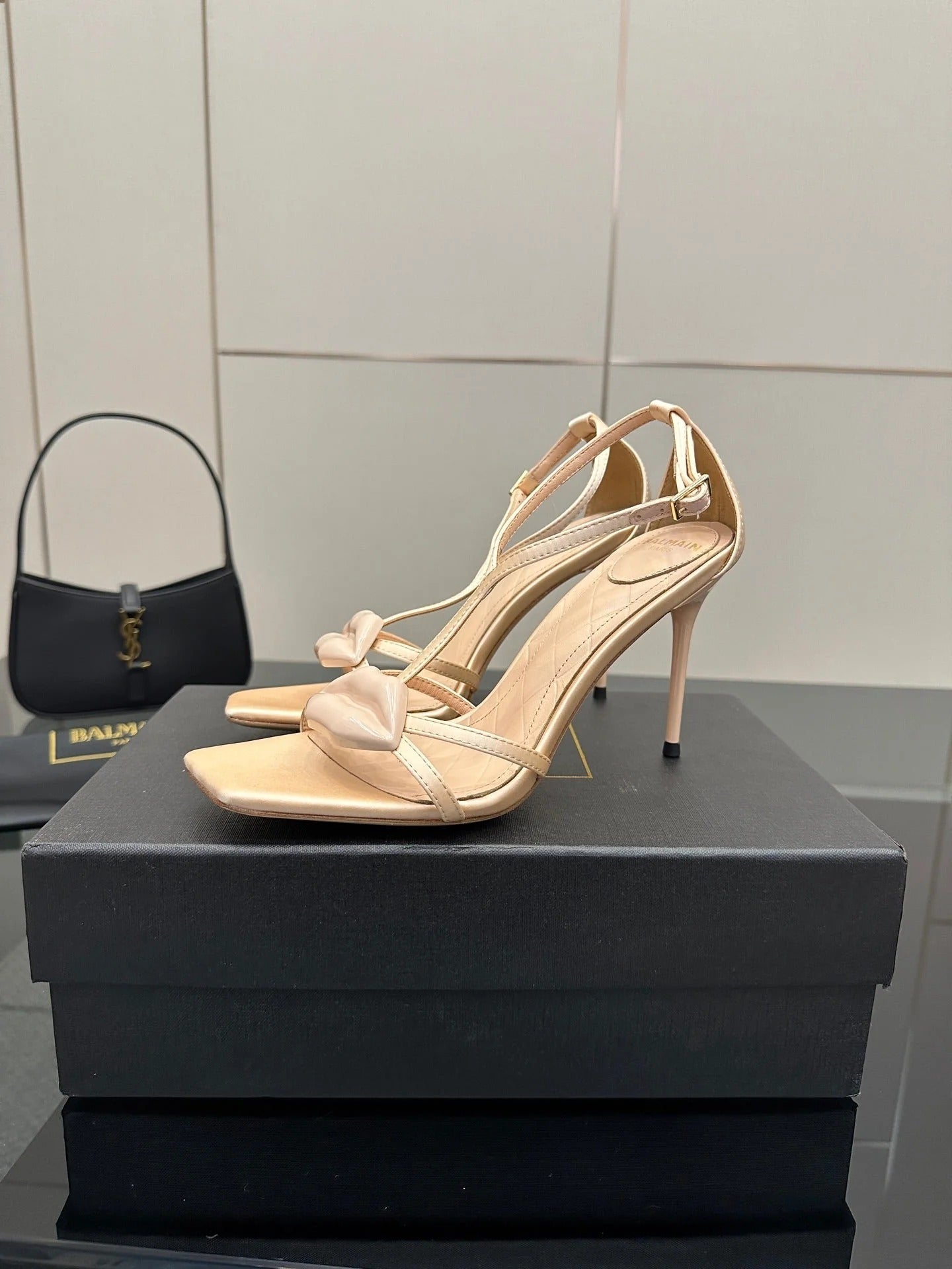 BALMAIN 25S LIPS SANDALS 10 IN BLUSH BEIGE SATIN