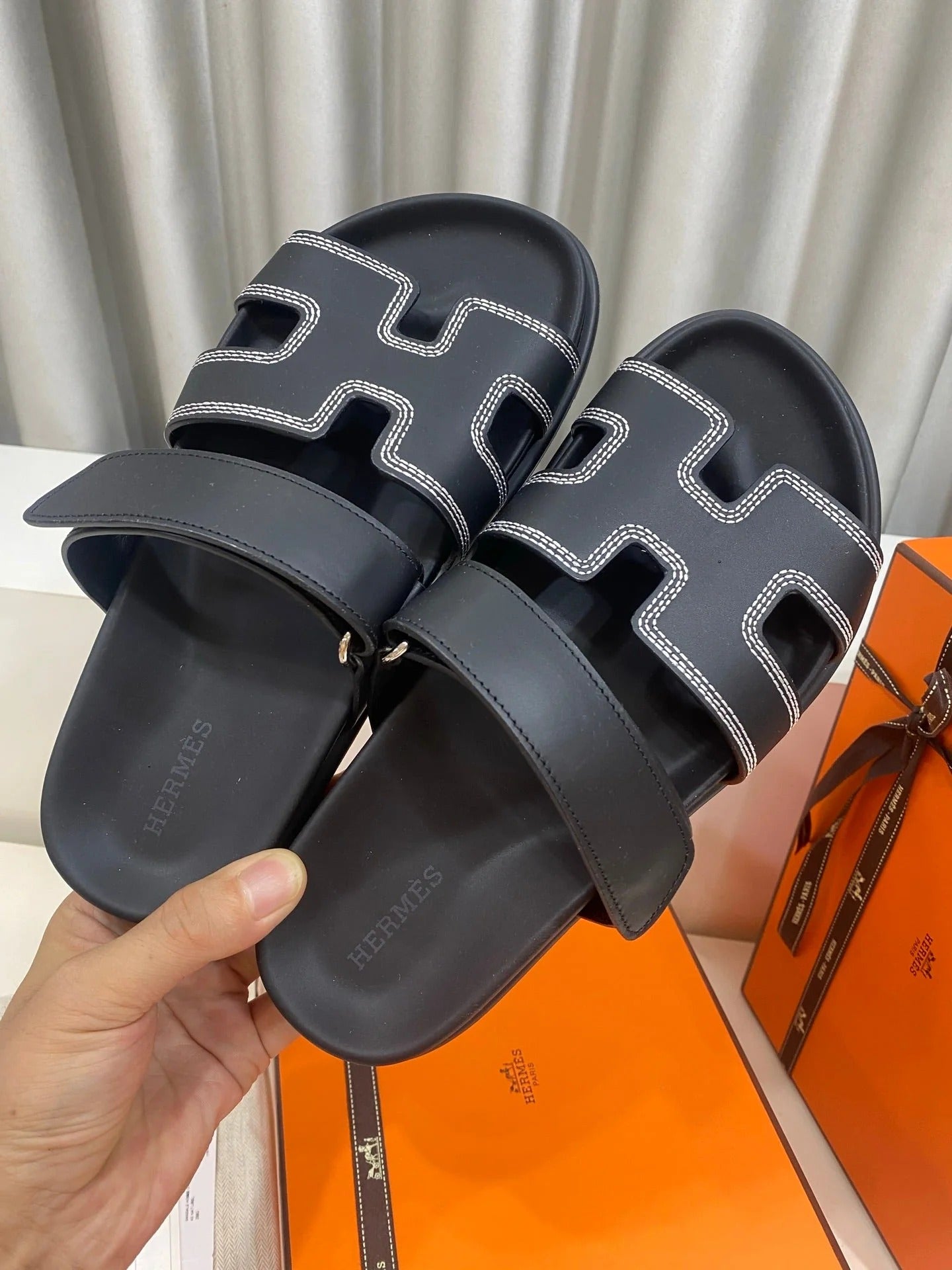 Hermes 2026 Chypre Sandal Black Mix White Stitched Calfskin 957546