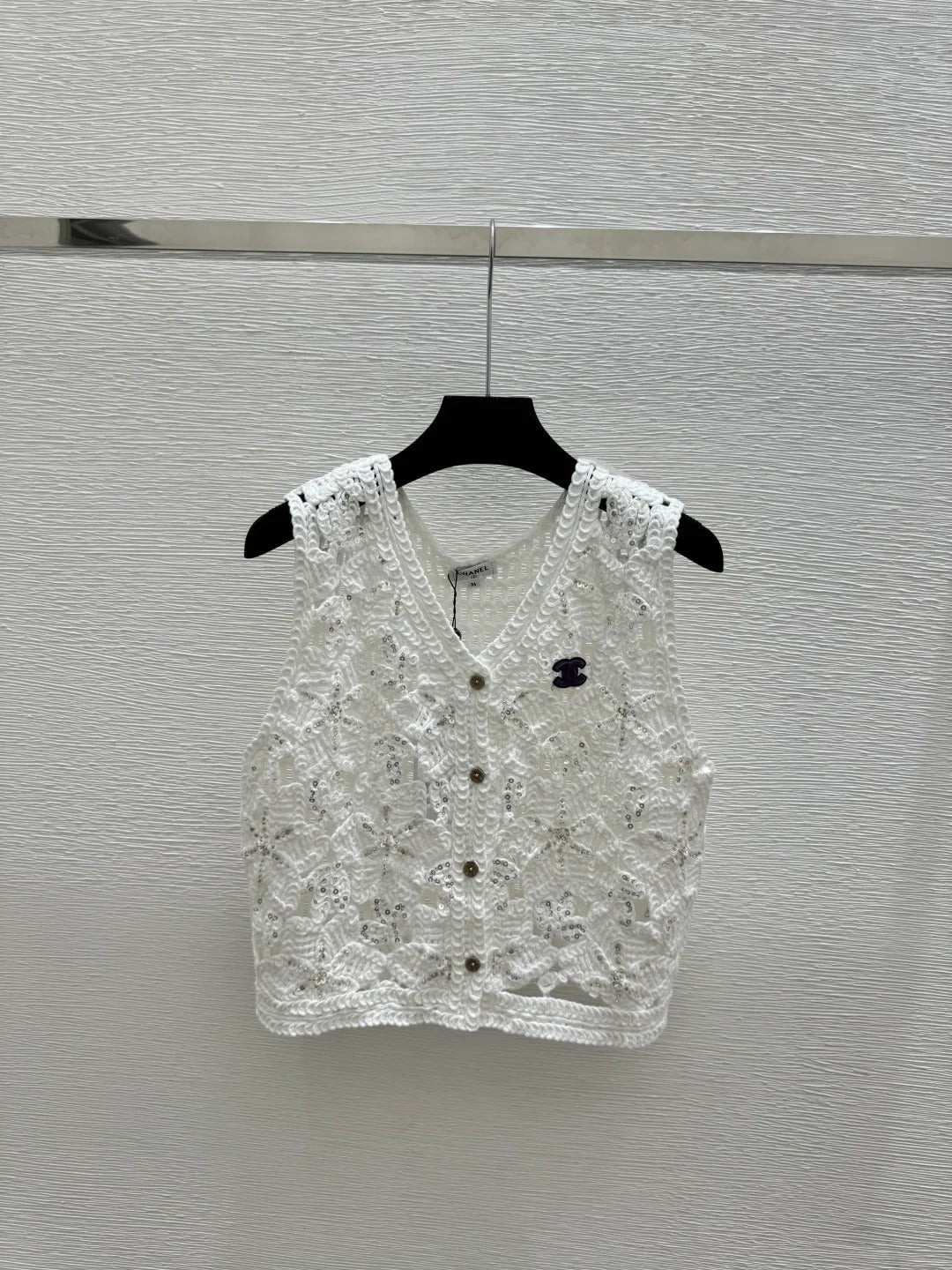 Chanel 2026 Hollow-out V-neck Knitted Vest Cardigan White Khaki Cotton