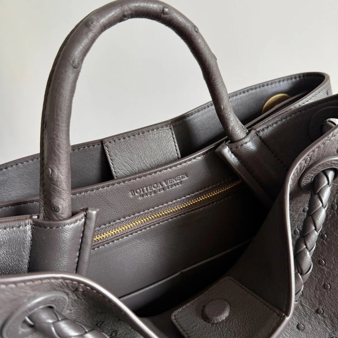 Bottega Veneta 2026 Andiamo Bag Dark Brown Ostrich Leather